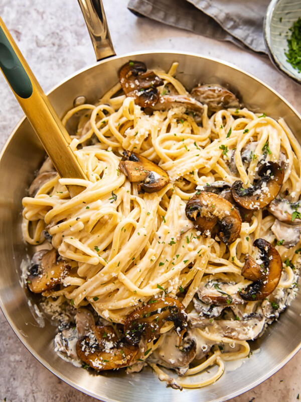 top down view of mushroom pasta in a pan