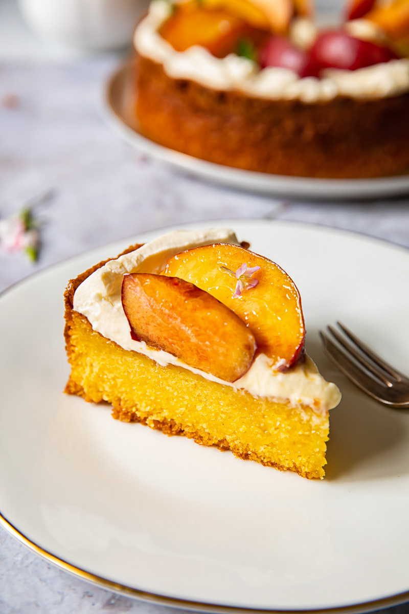 a slice of polenta cake on white plate