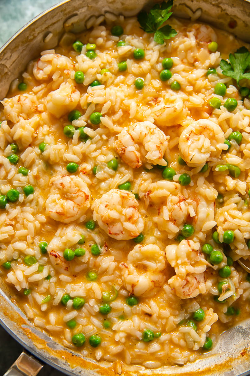 Decadently Creamy Risotto with Pan Seared Garlic Shrimp and Peas