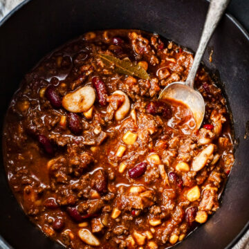 top down view of chili in a pot