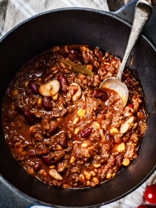 top down view of chili in a pot