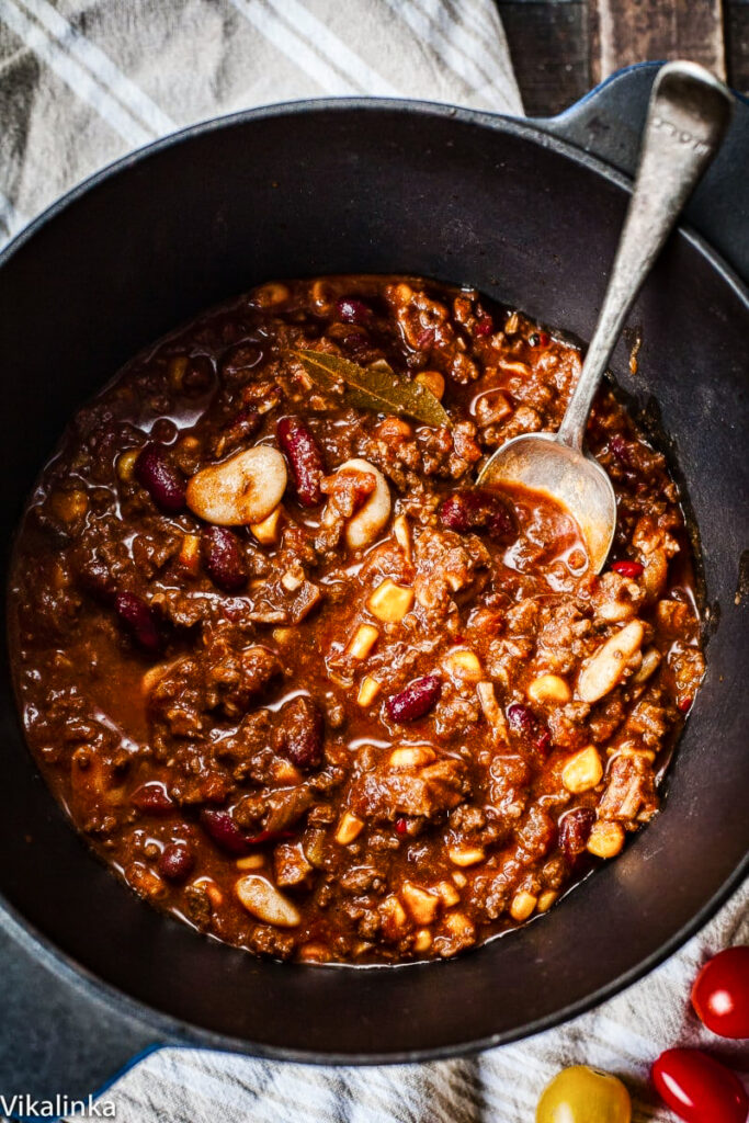 top down view of chili in a pot