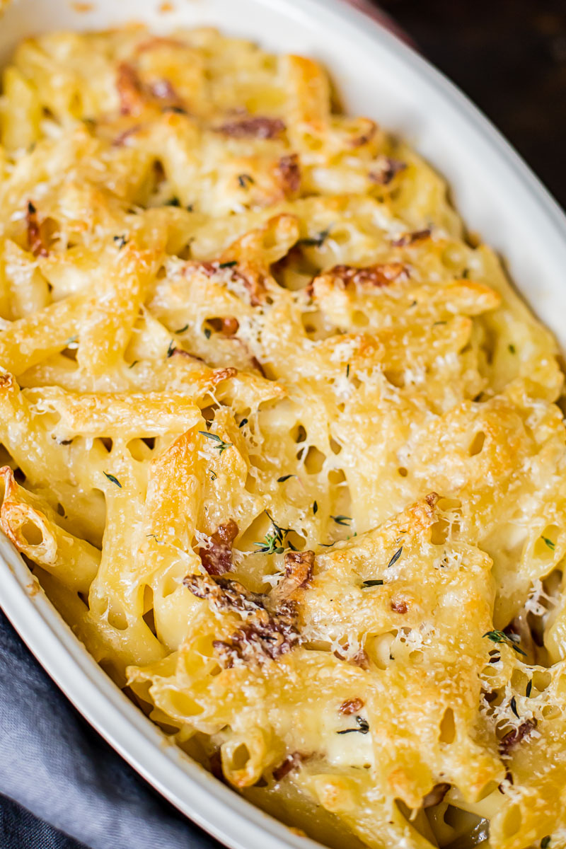 close up of macaroni and cheese in a baking dish