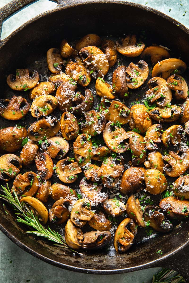 cooked mushrooms in a pan
