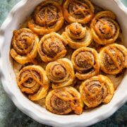 Top down view of the rolls with caramel drizzle
