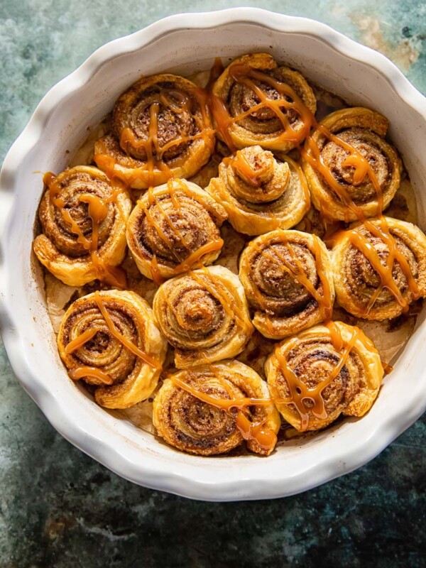 Top down view of the rolls with caramel drizzle