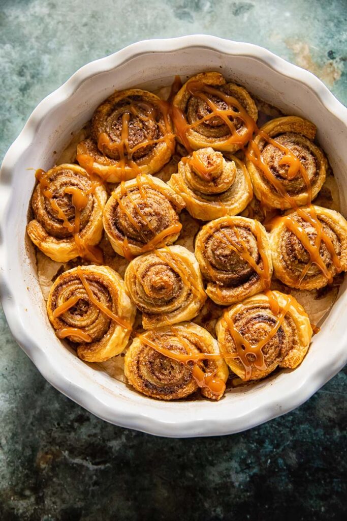 Top down view of the rolls with caramel drizzle