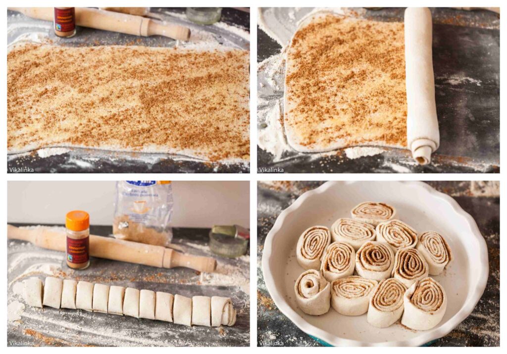Process shots of puff pastry cinnamon rolls being assembled