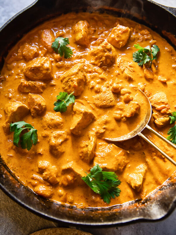 top down view of chicken curry in a pan