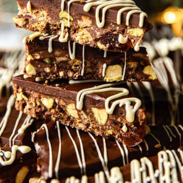 Chocolate fridge cake bars stacked on top of each other