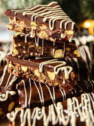 Chocolate fridge cake bars stacked on top of each other