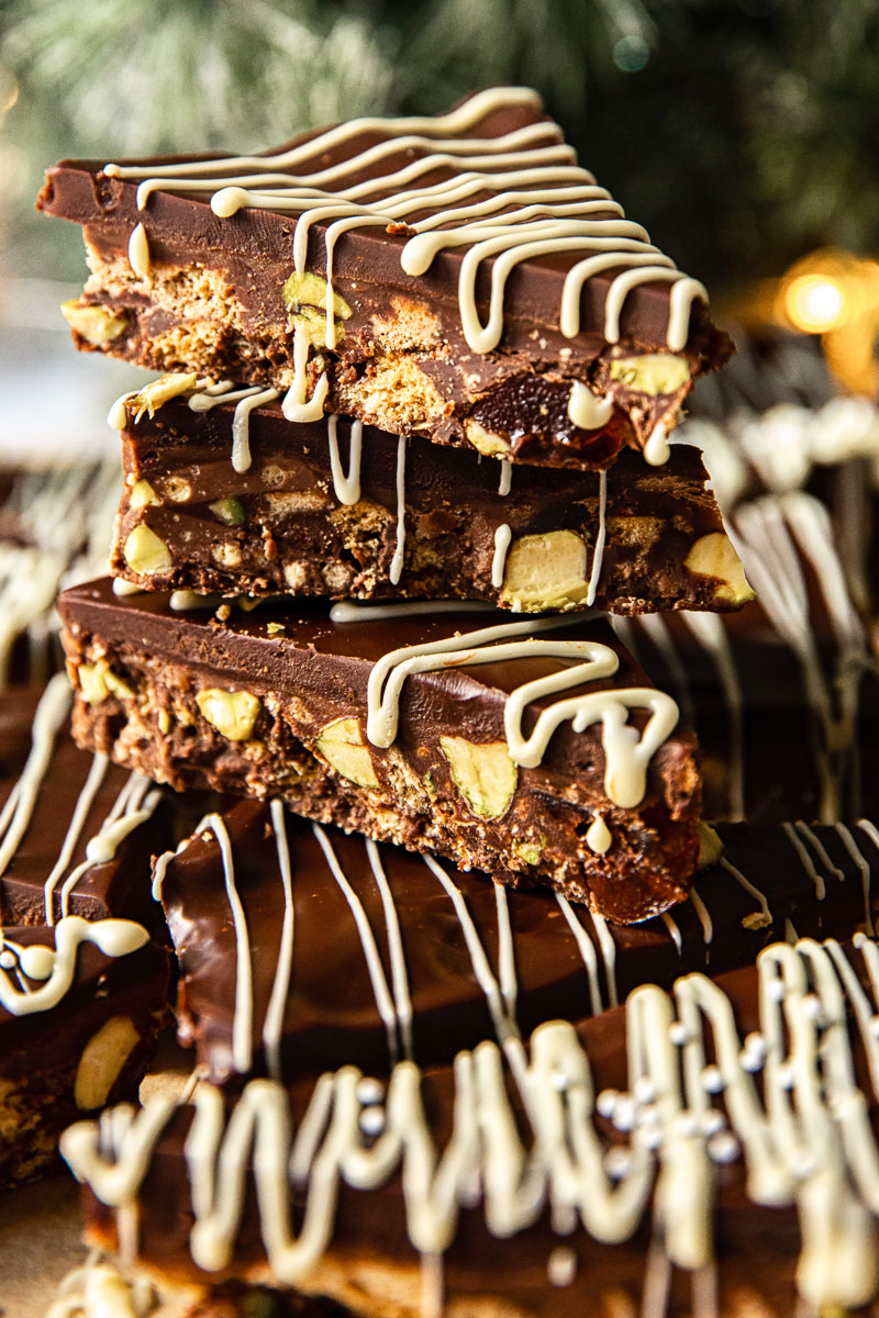 Chocolate fridge cake bars stacked on top of each other