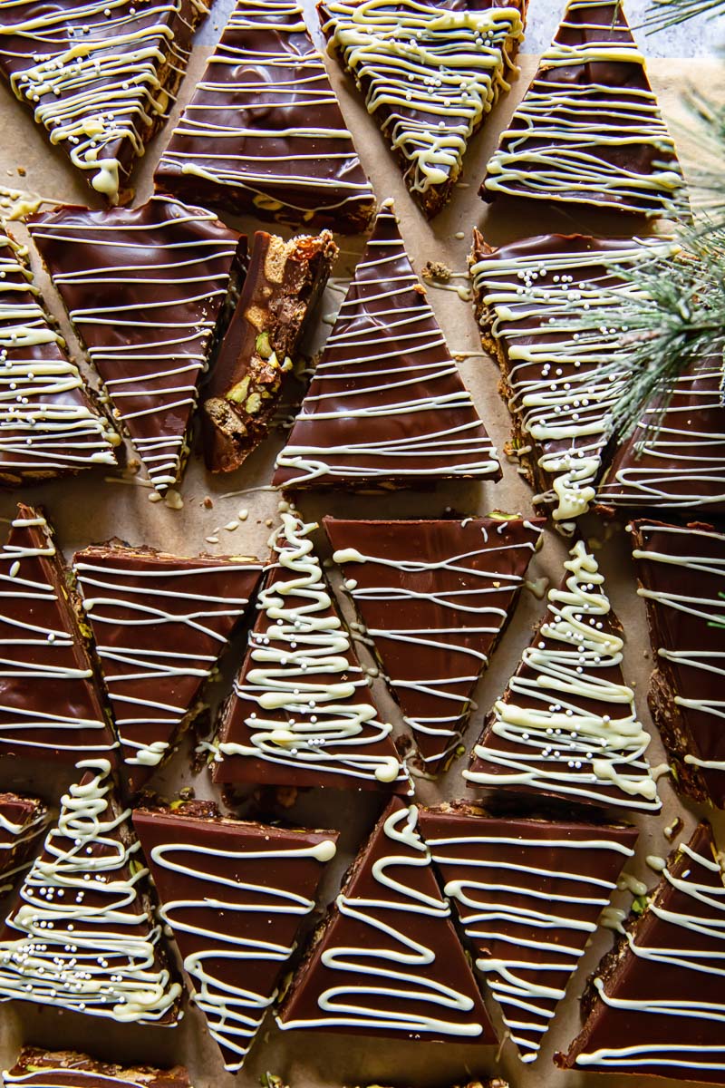 top down view of fridge cake cut into triangles to look like Christmas trees