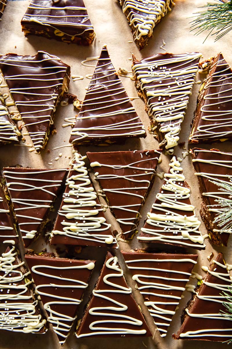 fridge cake cut into mini Christmas trees