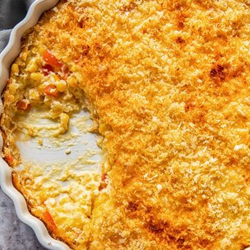 top down view of scalloped corn casserole