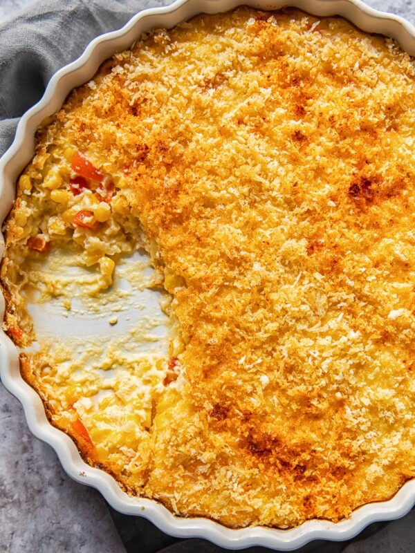 top down view of scalloped corn casserole