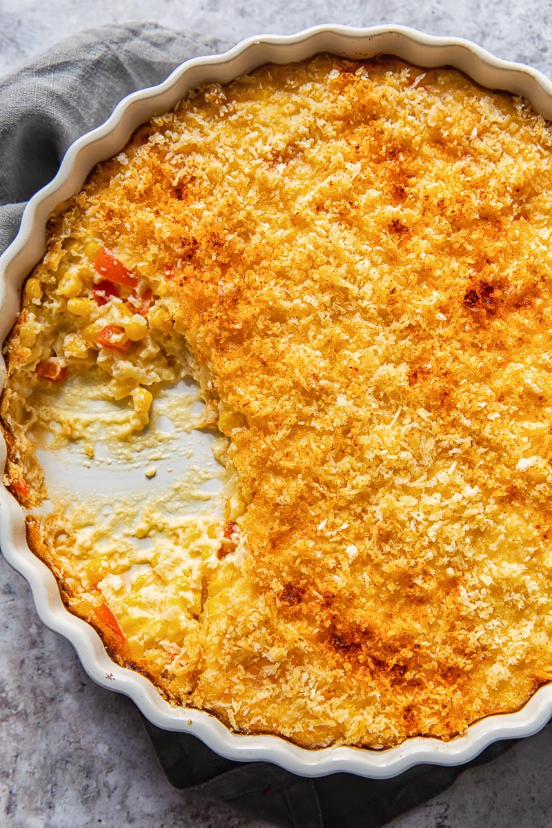 top down view of scalloped corn casserole