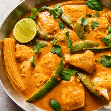 fish curry in a stainless steel pan