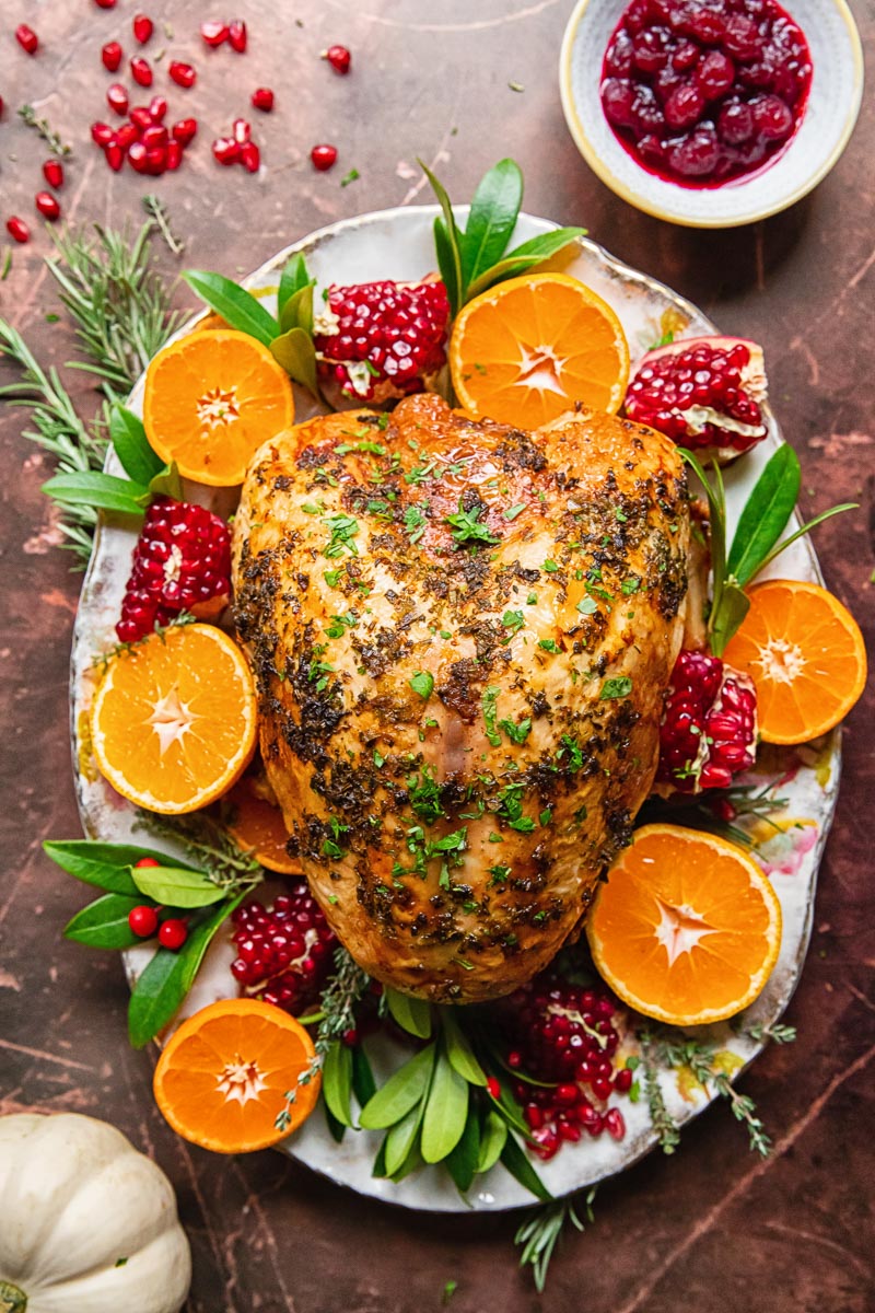 top down view on garnished roast turkey crown