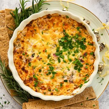 top down view of cheesy dip with chorizo and cranberries, cracker next to the dish