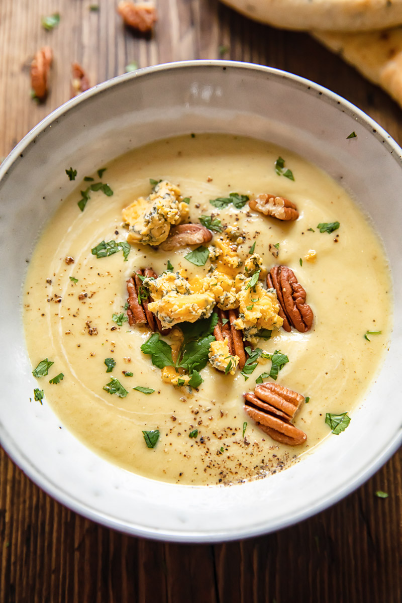 cauliflower cheese soup topped with Stilton, pecans and parsley