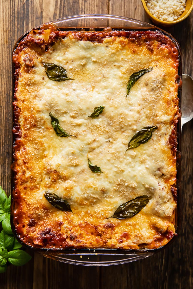 top down view of uncut lasagna in pan