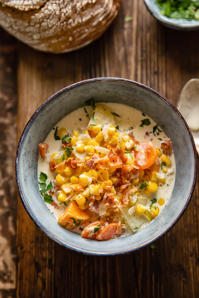 soup in a blue bowl