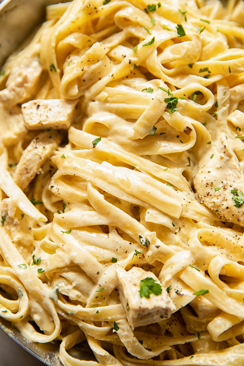 close up of creamy mustard chicken pasta