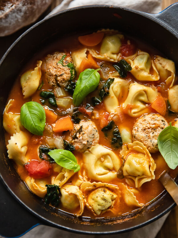 tortellini and meatball soup in a pot