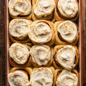top down view of cinnamon rolls in a pan
