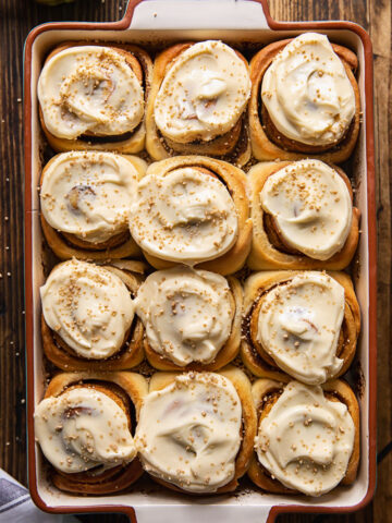 top down view of cinnamon rolls in a pan