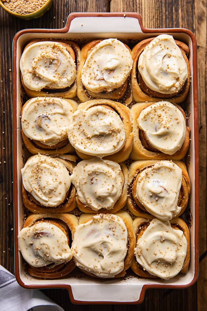 top down view of cinnamon rolls in a pan