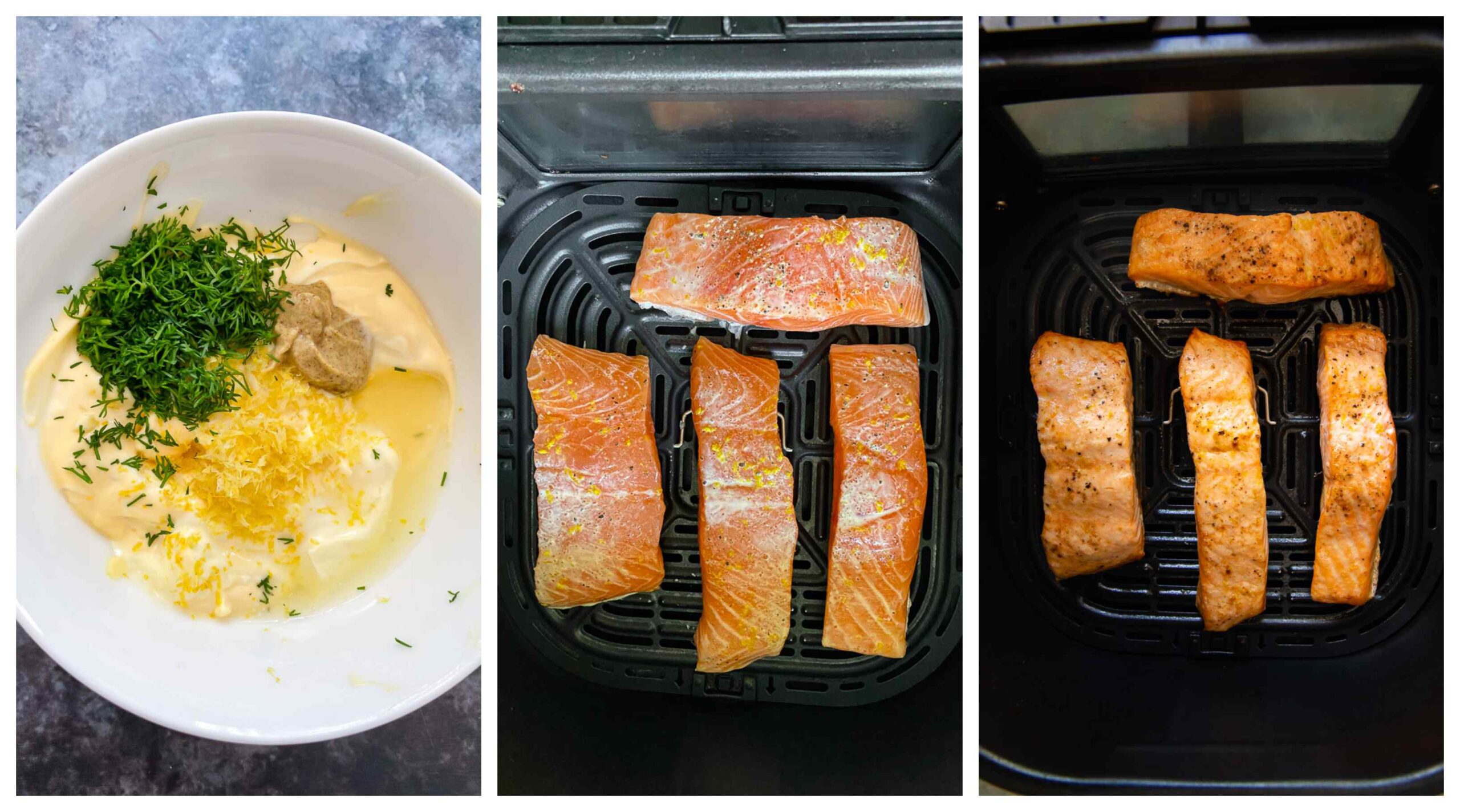 air fryer salmon and lemon dill sauce process images