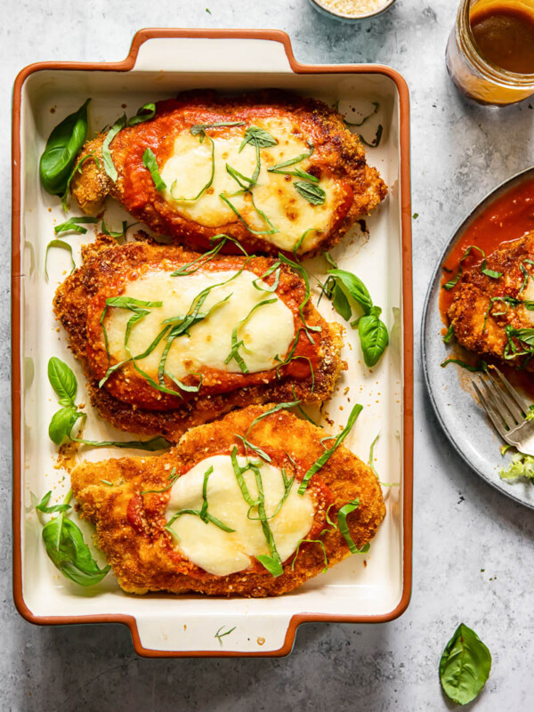 top down view of chicken parm in a pan