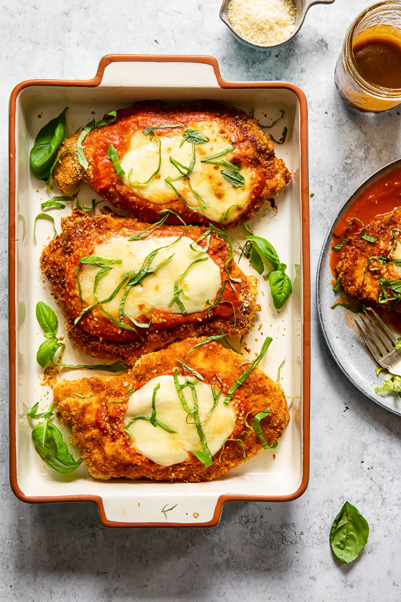 top down view of chicken parm in a pan