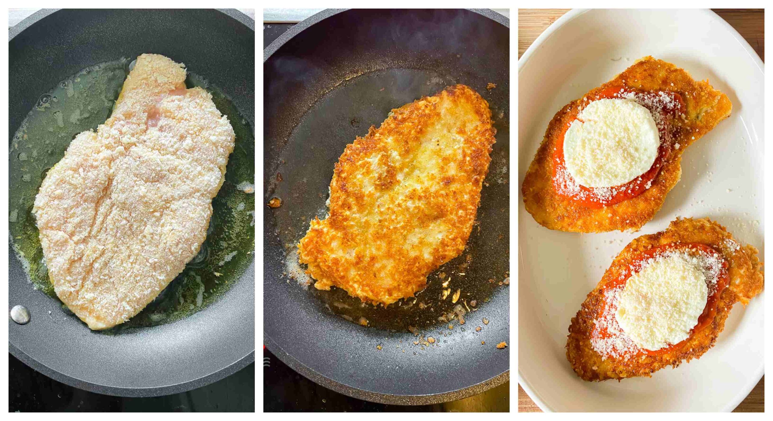 frying of the chicken parmesan and baking in the oven