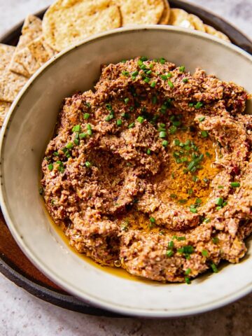close up of tapenade in a grey bowl