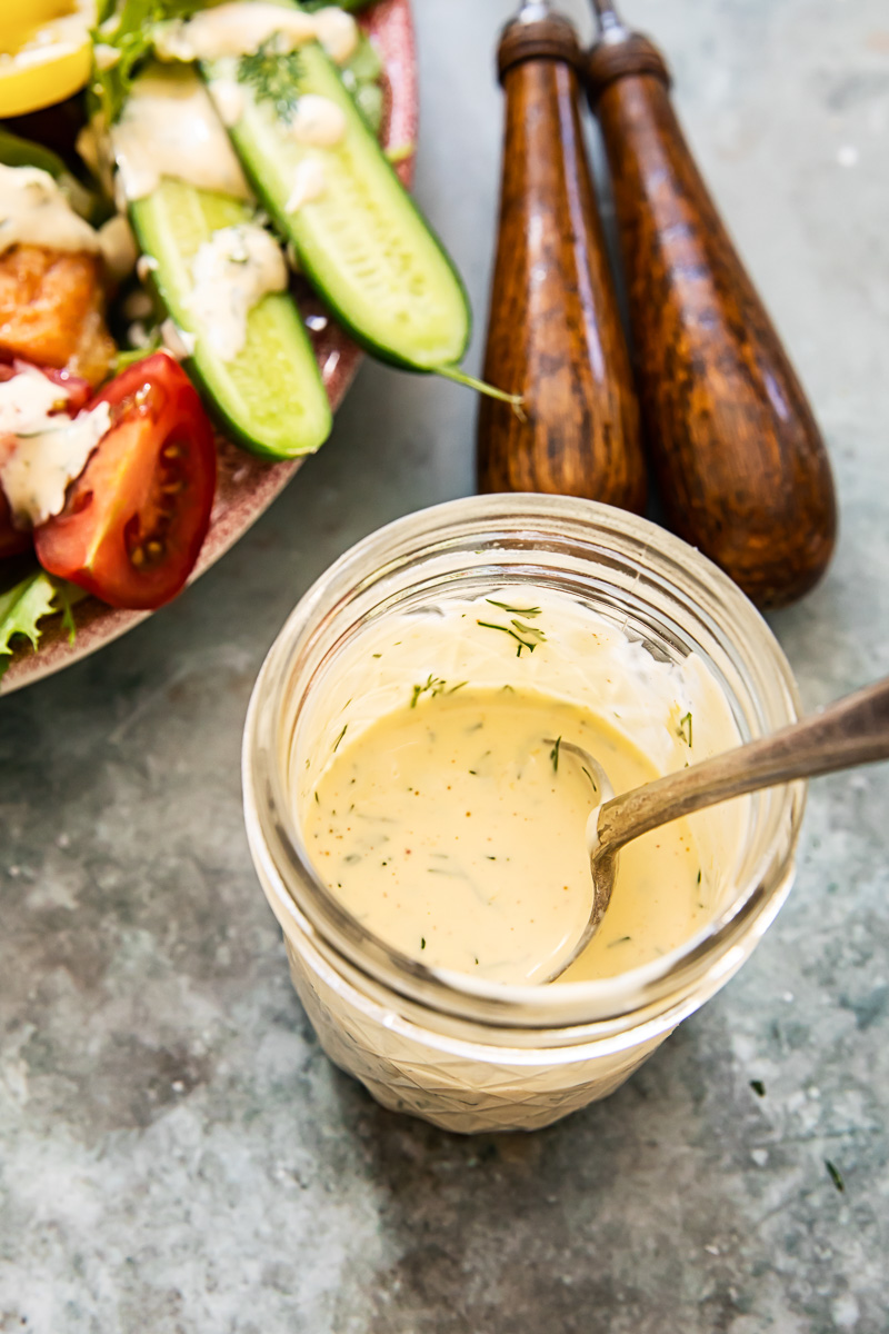 lemon dill dressing in a mason jar