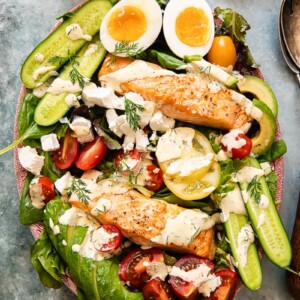 top down view of cob salad with salmon