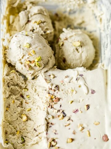 pistachio ice cream with two scoops visible