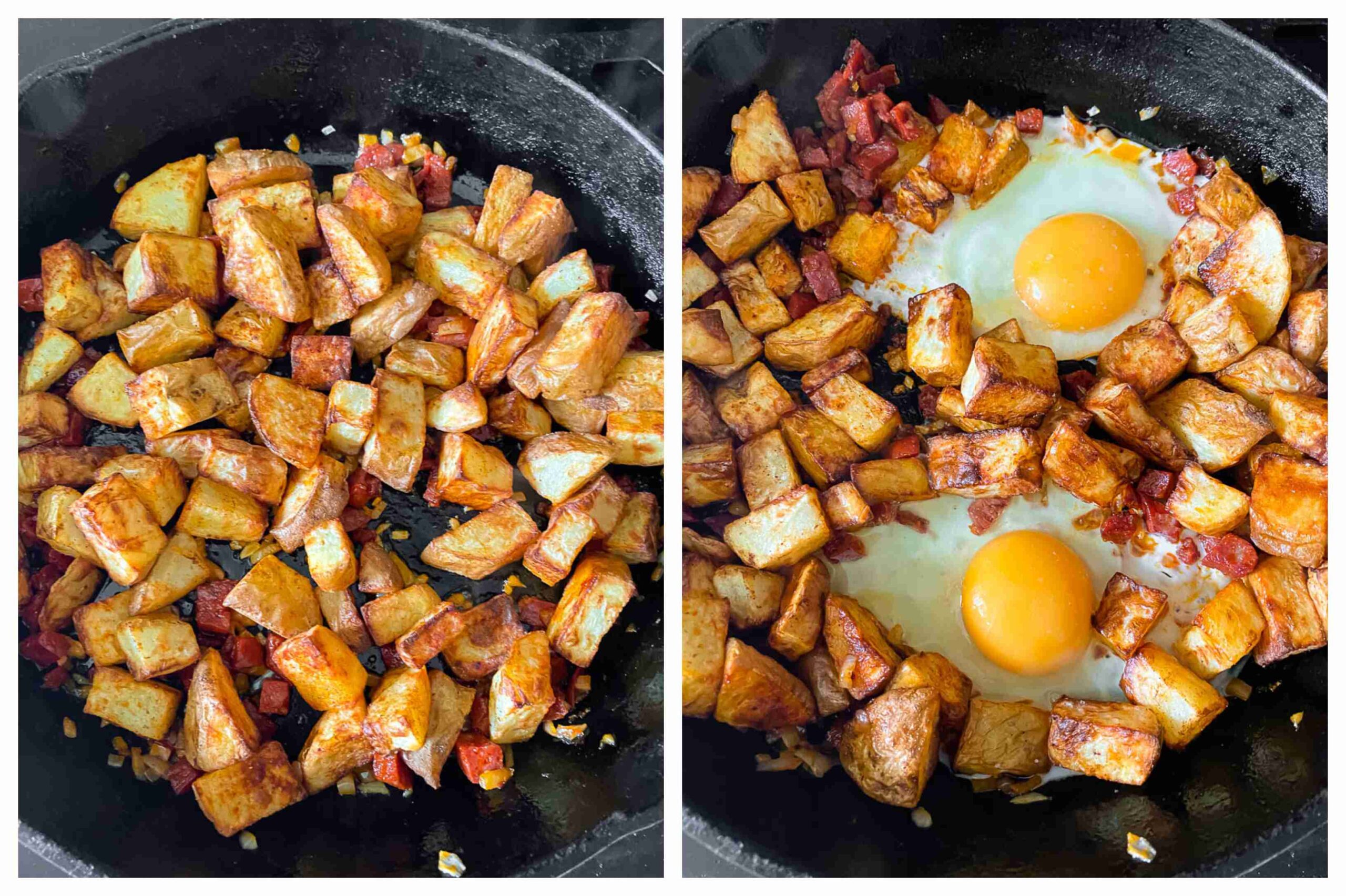 chorizo, potato and egg hash process images