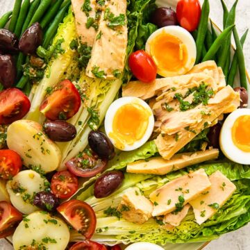 top down view of Nicoise salad on a platter