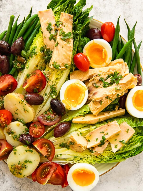top down view of Nicoise salad on a platter