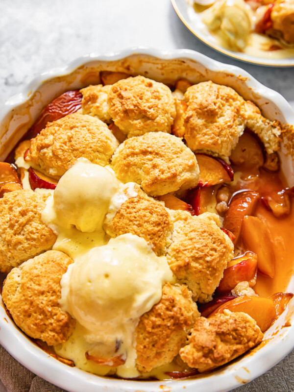 peach cobbler in a round pan