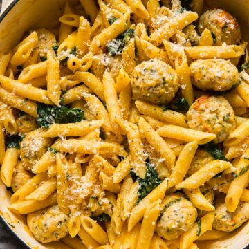 penne pasta with meatballs and pumpkin sage sauce