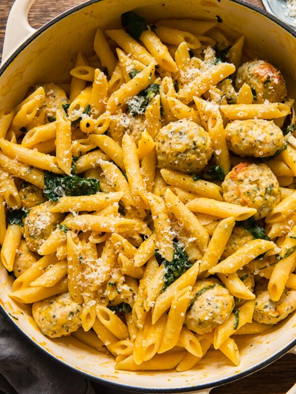 penne pasta with meatballs and pumpkin sage sauce