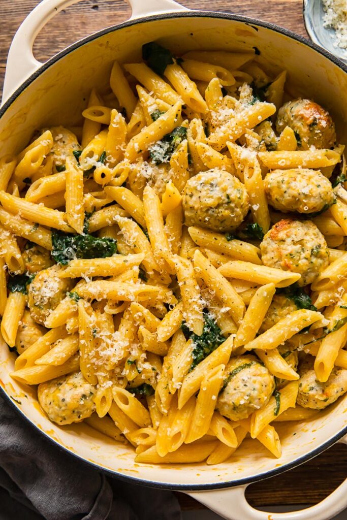 penne pasta with meatballs and pumpkin sage sauce