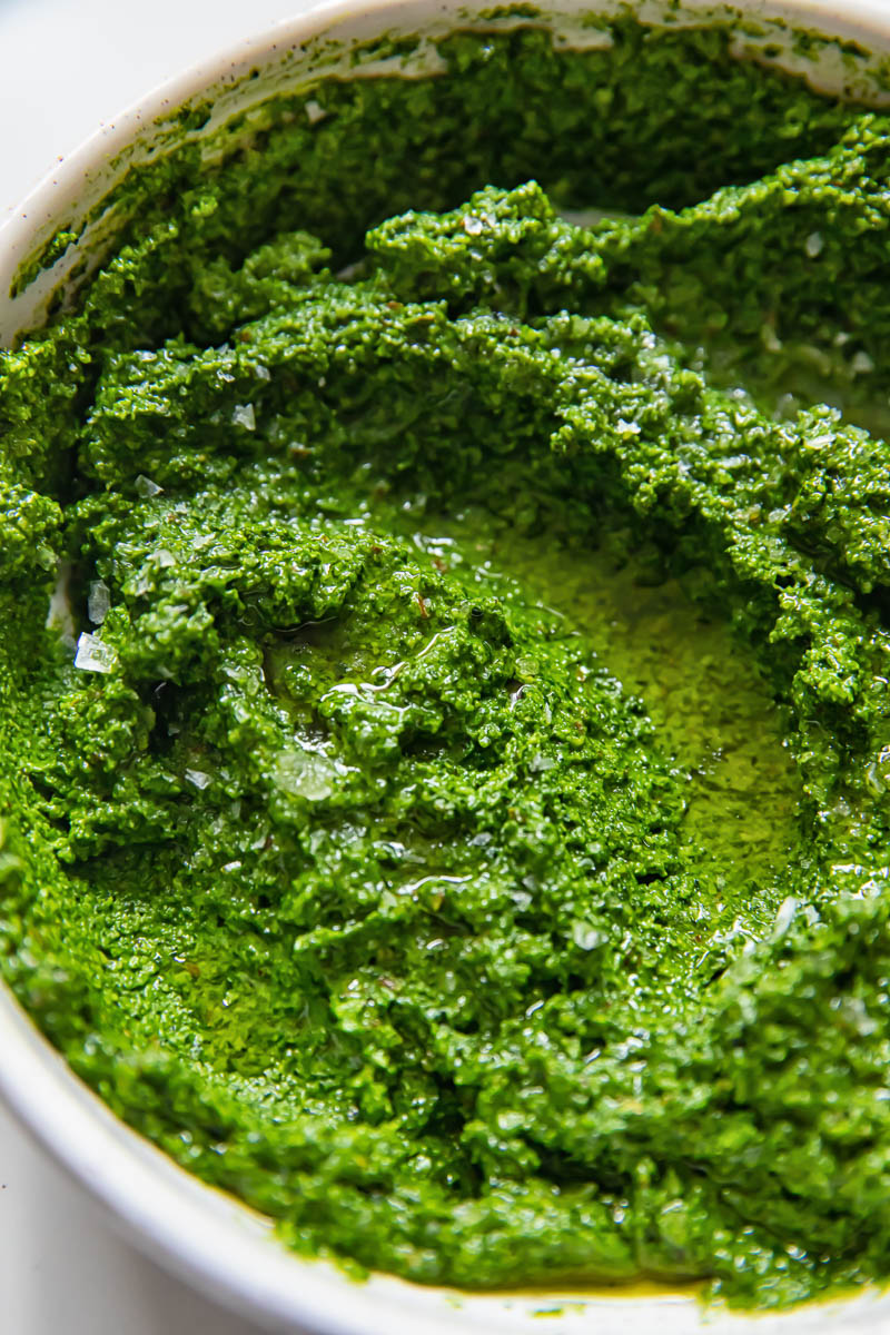 top down view of kale pesto in a bowl