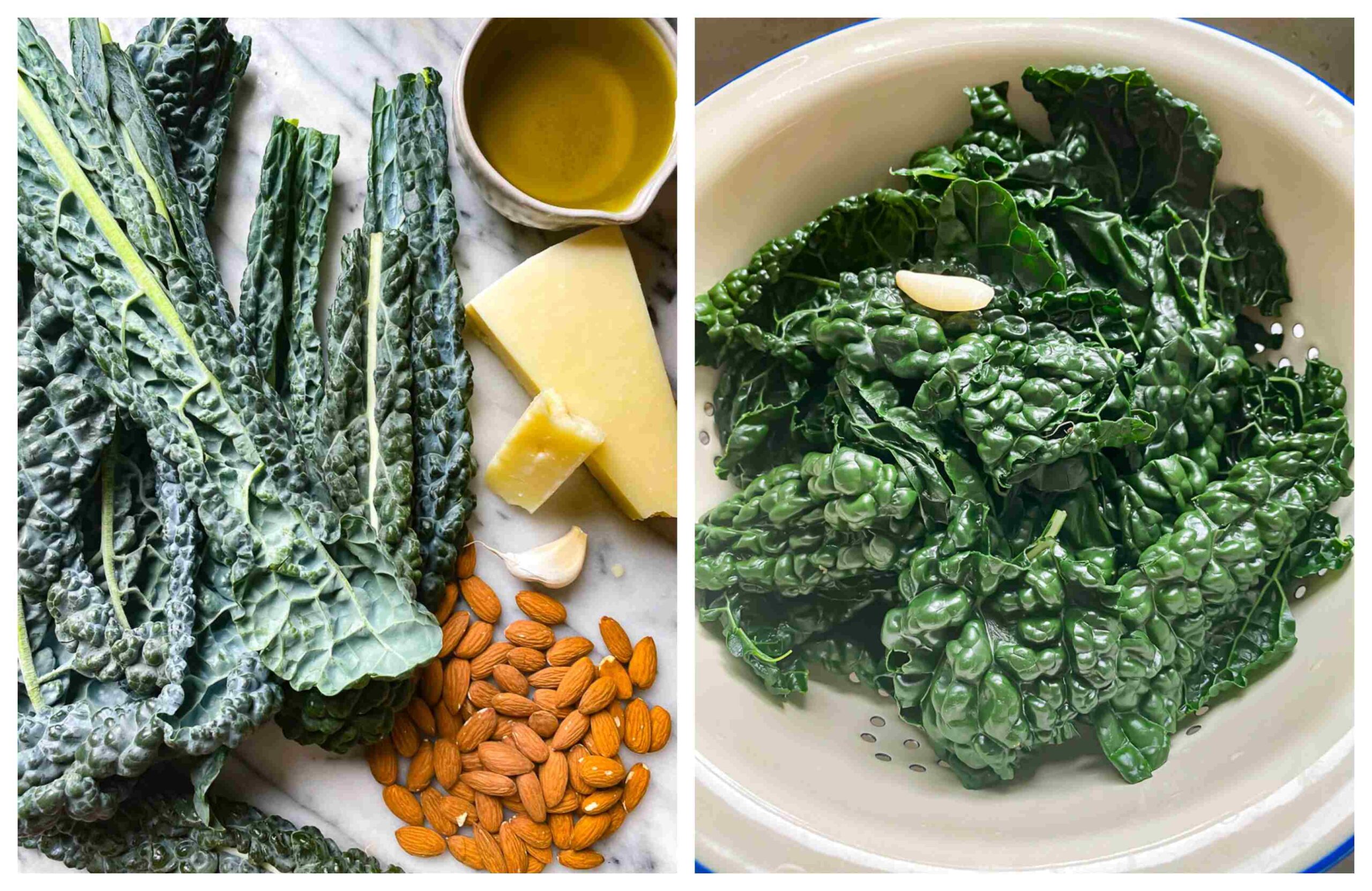 cavolo nero raw and cooked plus other ingredients for pesto