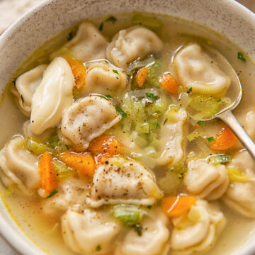 top down view of a bowl of soup with dumplings and vegetables